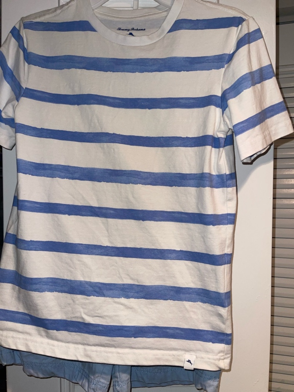 Tommy Bahama White and Light Blue Horizontal Stripe Crew Tee